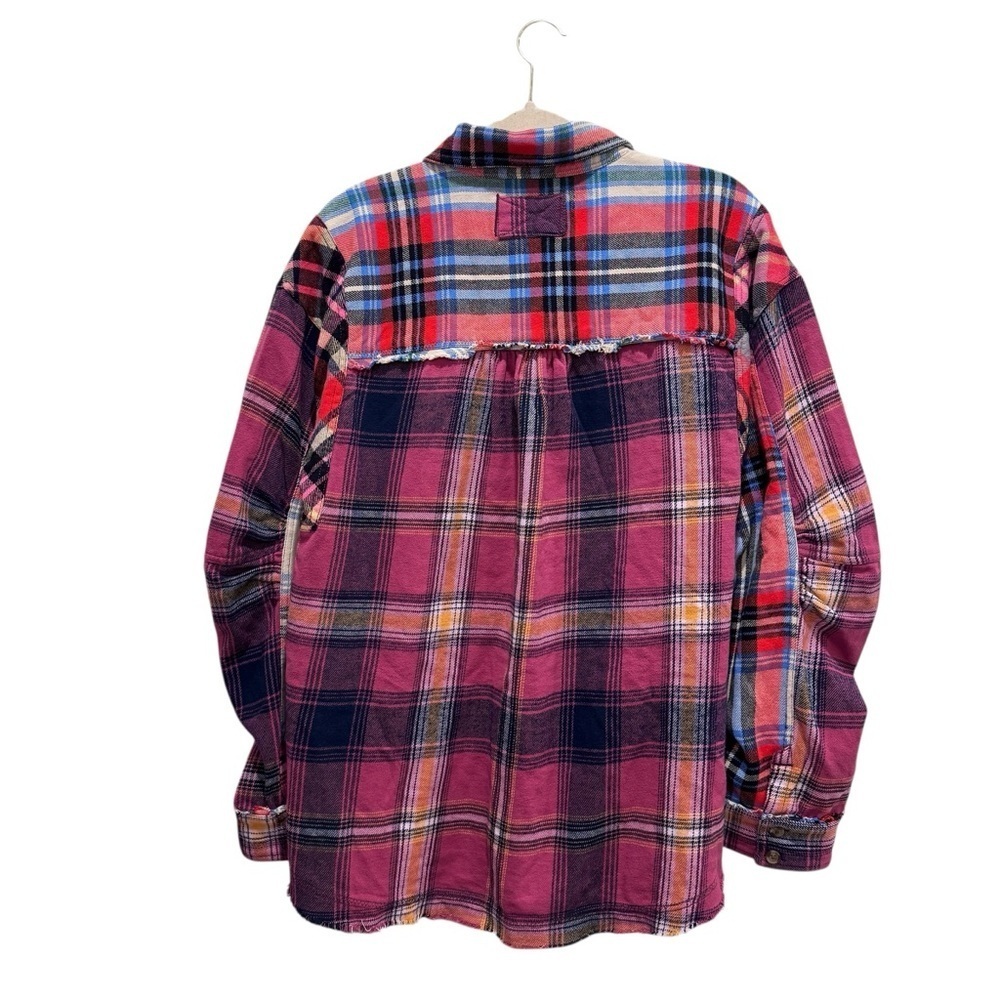 Free People We the Free Patched Up Plaid Cotton Shirt Oversized Grunge Pink XS - Picture 11 of 16